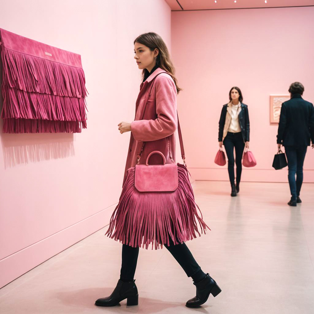 Chic Woman with Fringe Bag at Museum