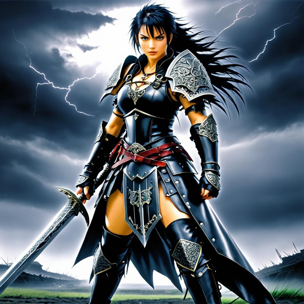 Fierce Warrior Woman in Stormy Battleground