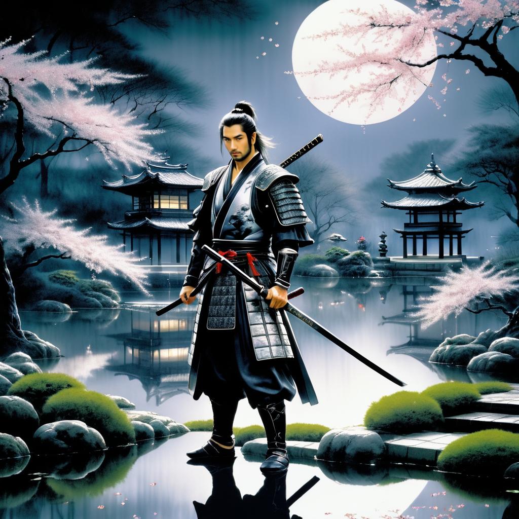 Stoic Samurai in Serene Garden Scene