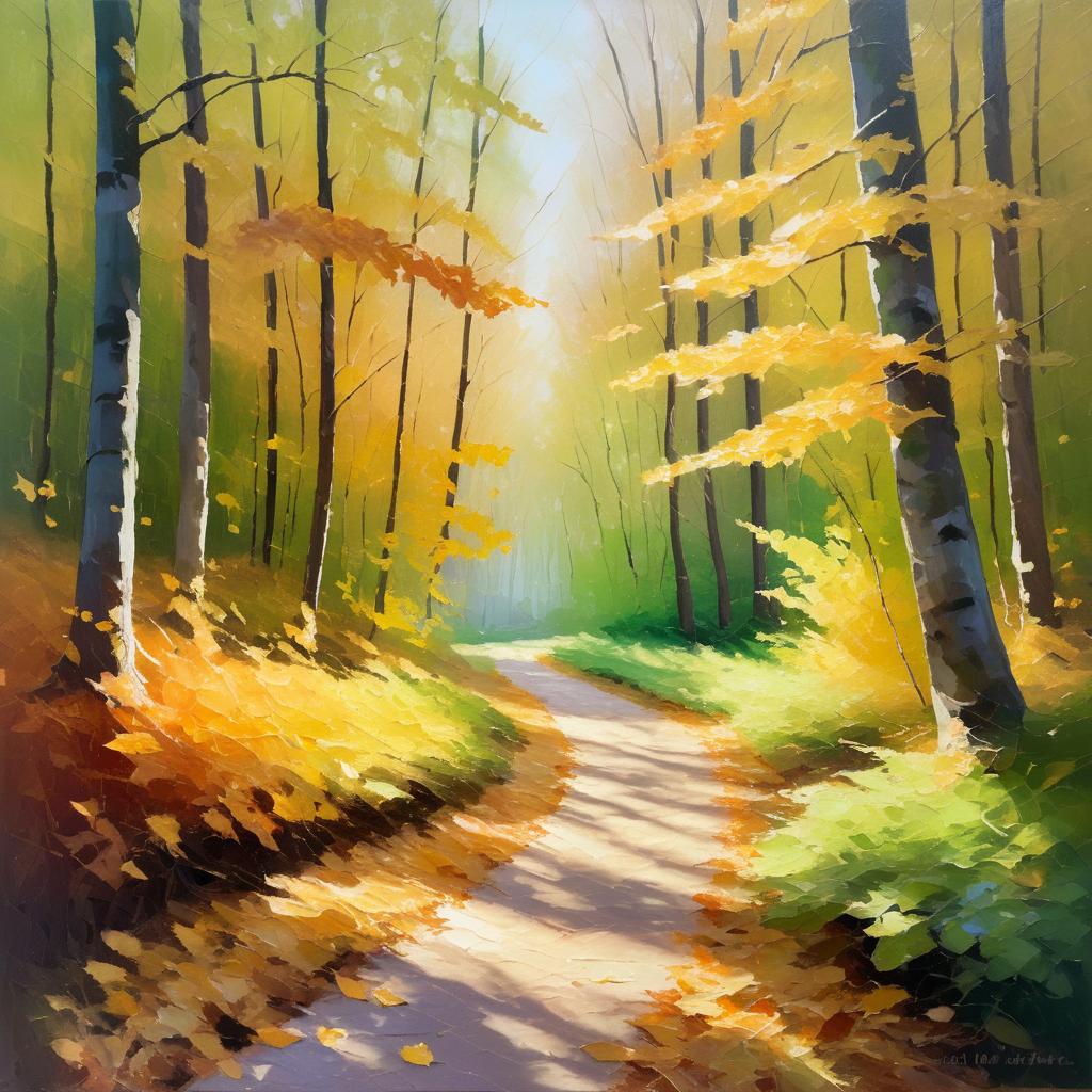 Tranquil Forest Path in Impressionistic Style