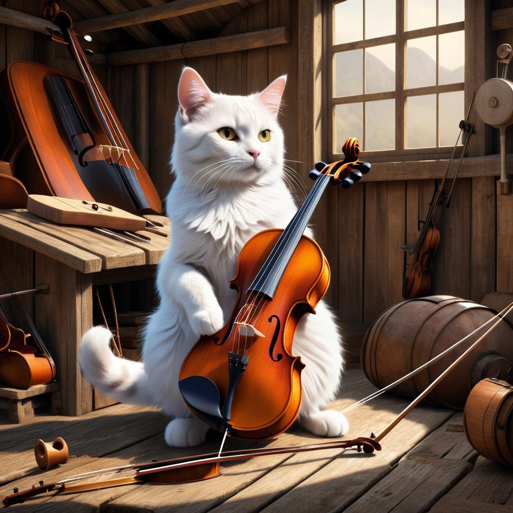 Mechanical Cat Violin Fusion in Barn