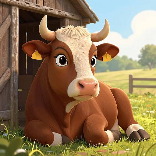 CGI image of a cute, brown and white cartoon cow with yellow ear tags, lying in front of a wooden barn on sunny, grassy field