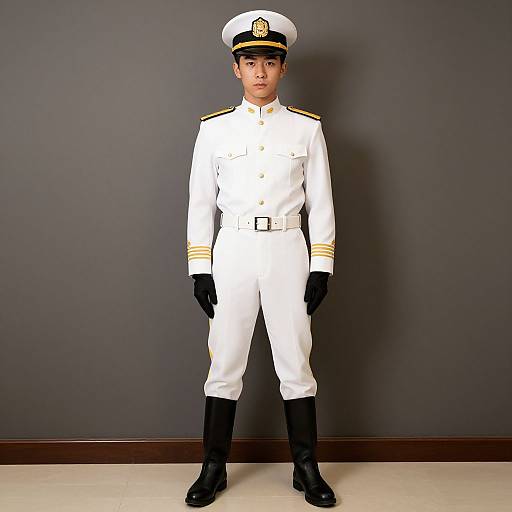 Photograph of a young boy in a full white naval uniform with black gloves, boots, and hat, standing against a gray wall.