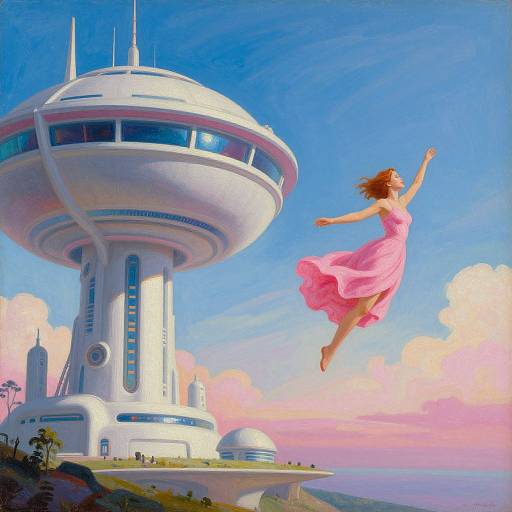 Digital painting of a red-haired woman in a flowing pink dress, leaping joyfully beside a futuristic white space station against a vibrant blue and pink sky
