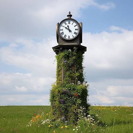 Photograph of a black, vintage-style clock tower covered in lush green ivy and colorful wildflowers, set against a bright blue sky with scattered clouds