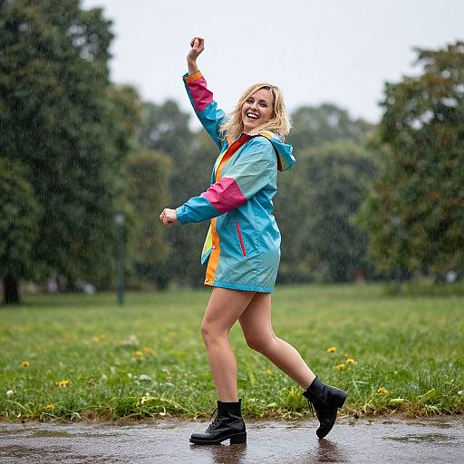 Photograph of a smiling blonde woman in a colorful raincoat, black boots, dancing in a park during rain, green trees in background.