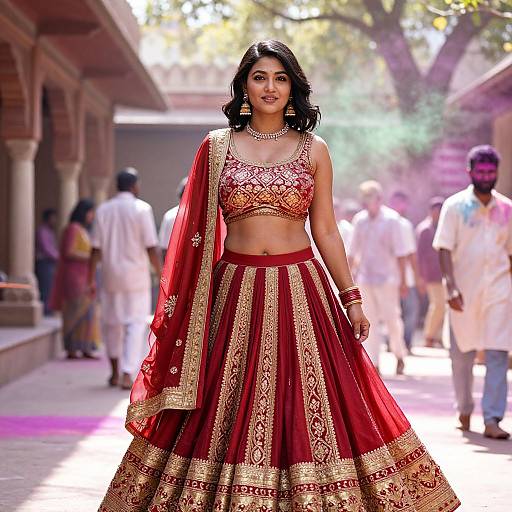 Photograph of a beautiful Indian woman with medium skin tone, wearing a red and gold traditional lehenga choli, standing confidently in a sunlit,