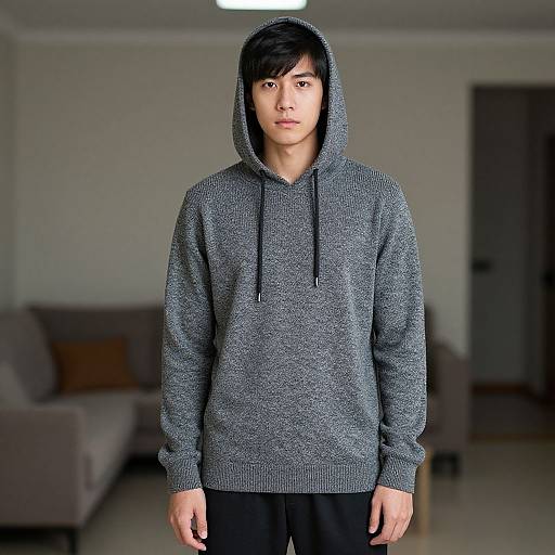 Photograph of an Asian man with black hair, wearing a gray hooded sweater and black pants, standing in a modern, dimly-lit living