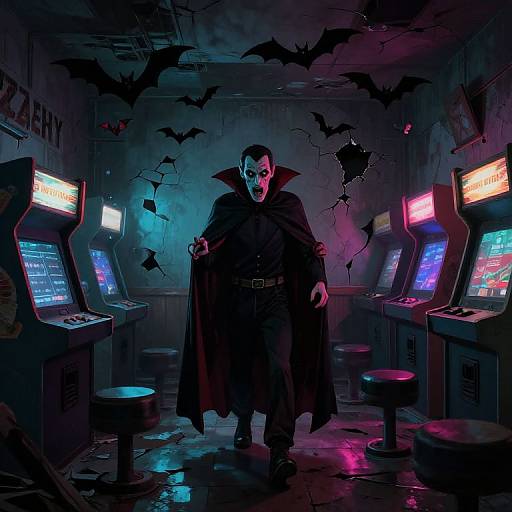 Digital artwork of a vampire with pale skin, black cloak, and sharp fangs standing in a dark, neon-lit arcade room with glowing arcade machines