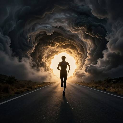 Runner Through Dramatic Cloud Tunnel