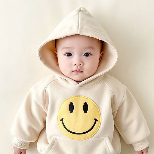 Photograph of a baby with light skin, wearing a beige hoodie with a yellow smiley face, against a plain white background.