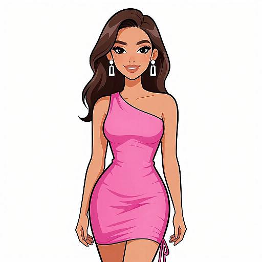 Digital illustration of a smiling, attractive woman with long dark hair, wearing a tight, pink, one-shoulder dress and large white earrings.