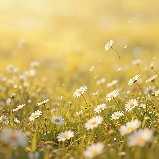 Photograph of a sunlit field with numerous white daisies, blurred golden background, soft-focus, bright yellow sunlight, gentle bokeh effect.