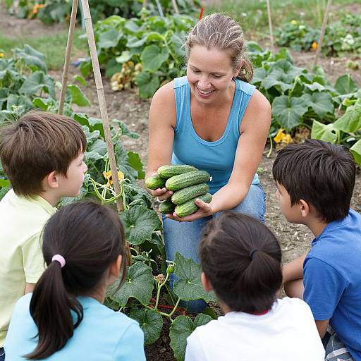 Photograph of a smiling blonde woman in a blue tank top, holding zucchinis, teaching four children in a garden. Bright green plants and