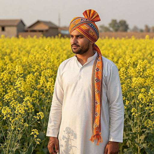Photograph of a bearded Indian man in a white kurta, orange patterned headscarf, standing in a vibrant yellow mustard field. Rural