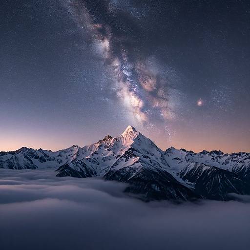 Photograph of a snow-covered mountain range at night with the Milky Way galaxy prominently displayed in the starry sky above.