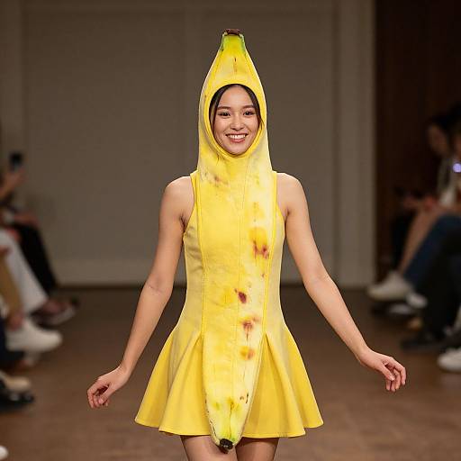 Photograph of an Asian woman in a yellow banana-themed dress with a hood and banana top, smiling on a fashion runway.