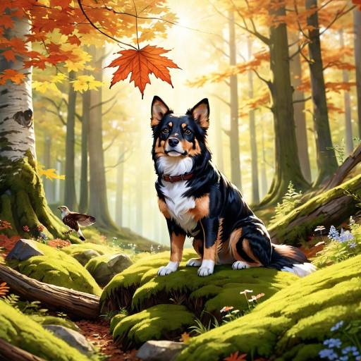 Tri-color Australian Shepherd Sitting in Autumn Forest