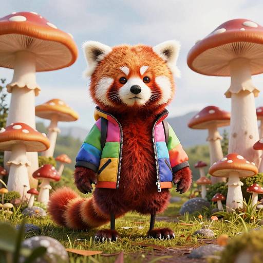 Photorealistic digital art of a red panda wearing a rainbow jacket, standing amidst giant mushrooms in a whimsical forest.
