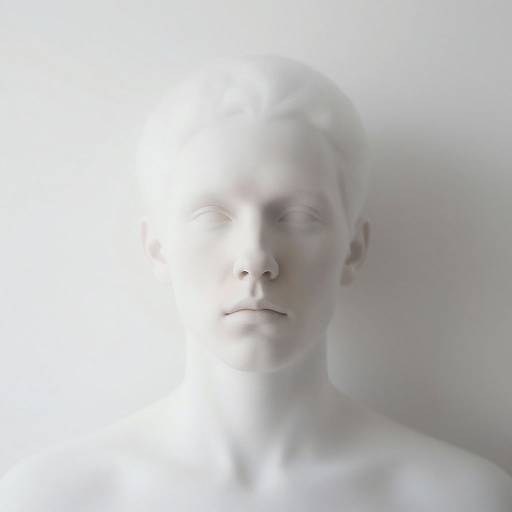 Photograph of a white, androgynous figure with a blurred, white light obscuring half the face, against a minimalistic, white background