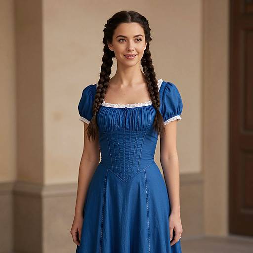 Photograph of a young woman with long braided brown hair, wearing a blue, puffed-sleeve, white-trimmed dress, standing