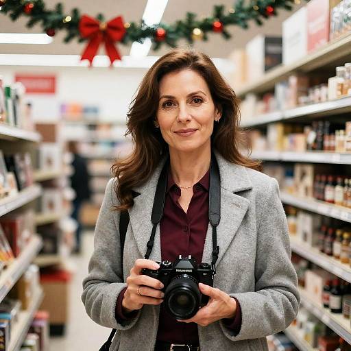 Middle-Aged Woman Holding Camera in Store with Christmas Decor