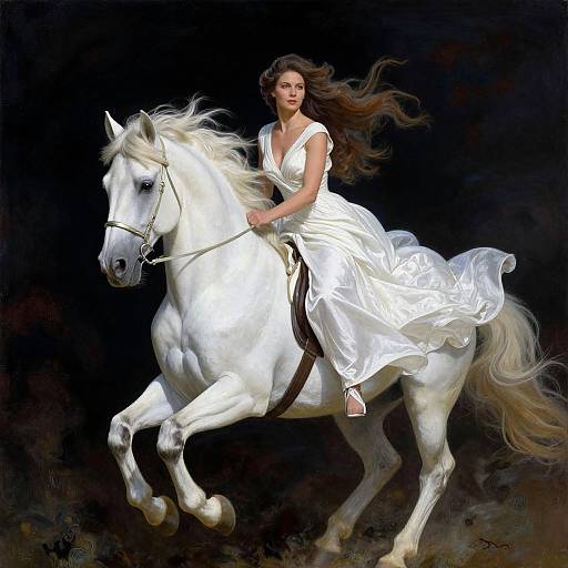 Photorealistic digital painting of a fair-skinned woman with flowing brown hair riding a white, muscular horse against a dark background, wearing a white,