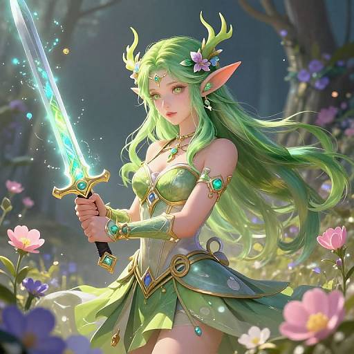 Digital fantasy artwork of a green-haired, elven woman with antlers, holding a glowing sword in a magical forest. She wears a green, gem