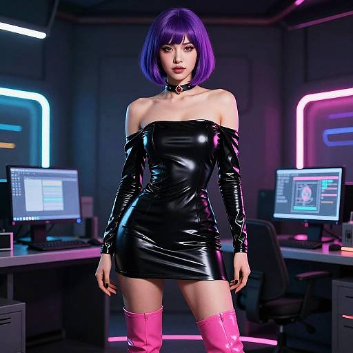 Digital CGI of an anime-style woman with purple bob haircut, wearing a black shiny off-shoulder latex mini dress, pink thigh-high boots, and