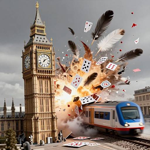 Photorealistic image of Big Ben exploding with playing cards and feathers, a blue and white train passing by in front.