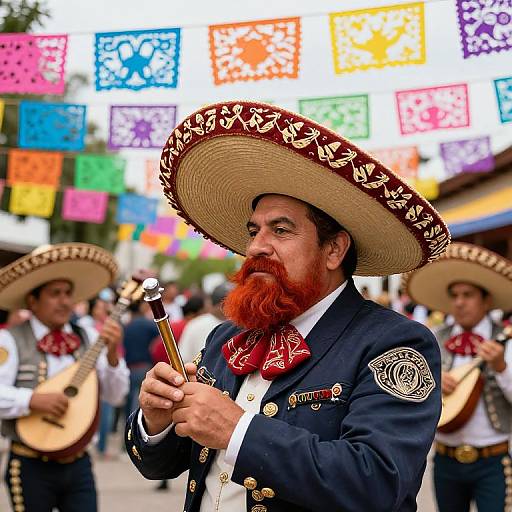 Photograph of a bearded man with a red mustache, wearing a large sombrero, dark suit, and red bow tie, playing a trumpet
