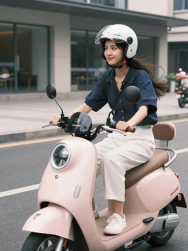 Carefree Woman Riding Pastel Pink Scooter