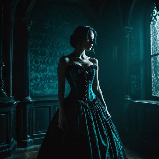 Woman in Gothic Corset Dress in Dimly Lit Room