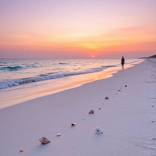 Silhouette of a person walking on a serene, pink-tinged beach at sunset, with gentle waves and scattered seashells in the foreground.