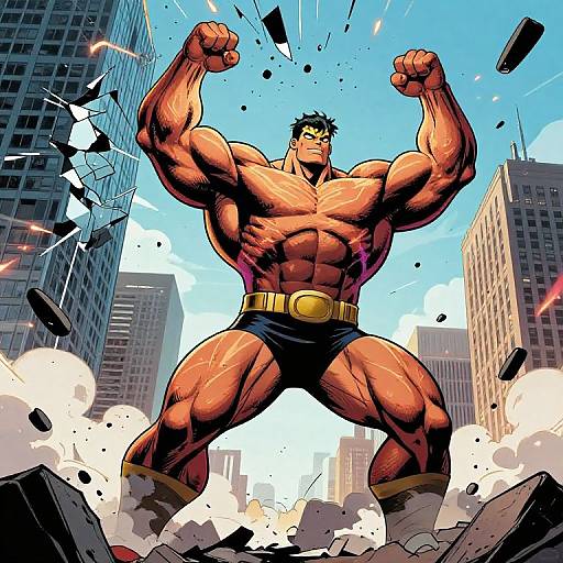 Muscular, topless superhero in black briefs and yellow belt, fists raised, standing amidst city building rubble, blue sky background. Dynamic, comic