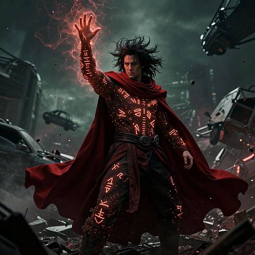 Comic-style digital artwork of a dark-haired, muscular man in a red cloak with glowing runes, raising a glowing, electrified hand in a ruined,