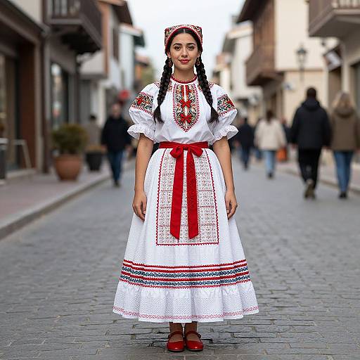 Photograph of a young woman in a traditional white Polish dress with red ribbon, braided hair, and red shoes, standing on a cobblestone