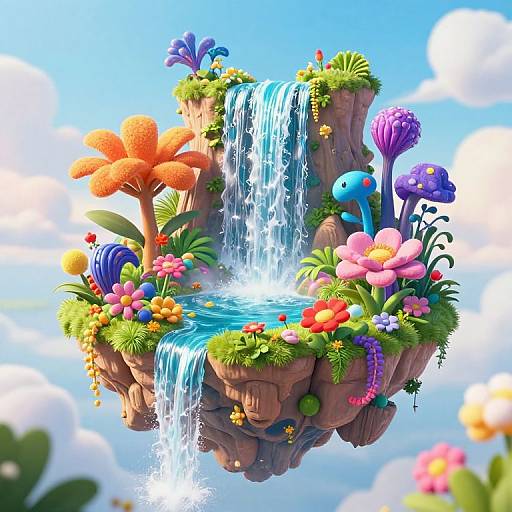 Vibrant, whimsical CGI image of a floating, rocky island with cascading waterfall, adorned with colorful mushrooms, flowers, and lush greenery