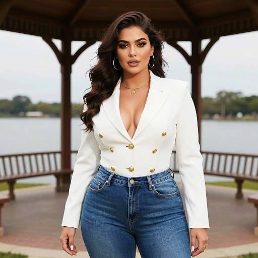 Photograph of a curvy woman with long dark hair, wearing a low-cut white blazer, blue jeans, and hoop earrings, standing confidently in