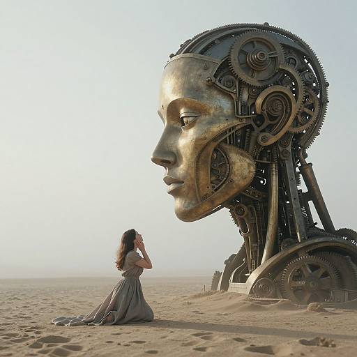 Woman Contemplating Colossal Mechanical Head