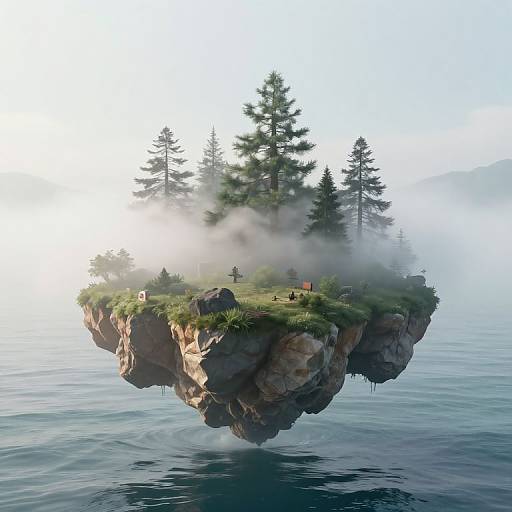 Photorealistic CGI of a floating island with lush greenery, tall trees, and mist, surrounded by calm, reflective water.