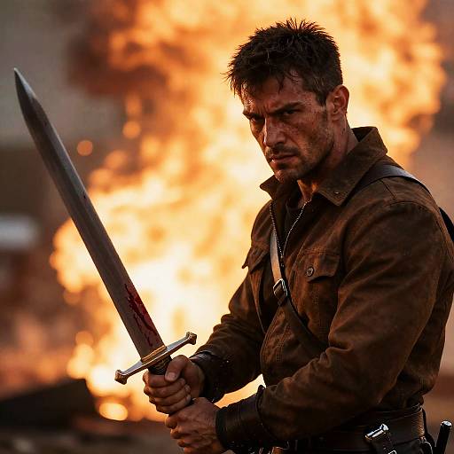 Rugged Warrior Amidst Fiery Chaos