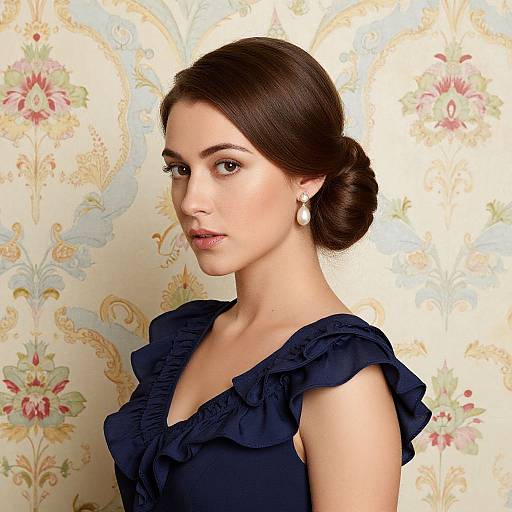 Photograph of a young woman with fair skin, dark brown hair in a neat bun, wearing a navy ruffled dress, pearl earrings, against a