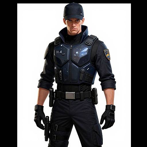 Photorealistic digital artwork of a tall, muscular male police officer with a stern expression, wearing a dark uniform, tactical vest, gloves, and cap