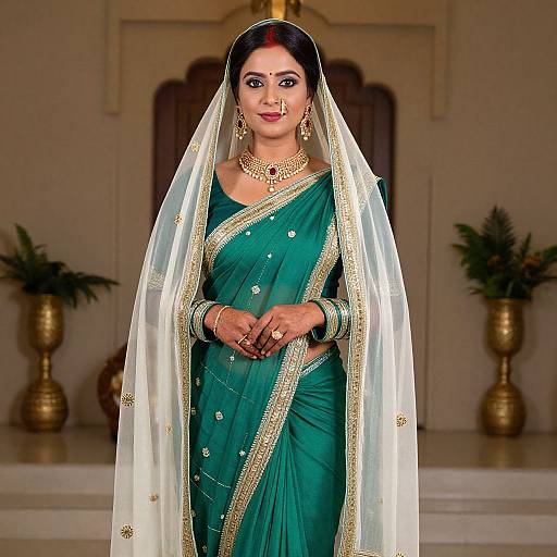 Photograph of a beautiful Indian woman in a green saree with gold embroidery, white veil, and jewelry, standing indoors.