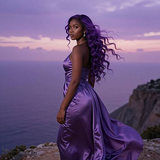 Photograph of a beautiful Black woman with long, wavy purple hair in a flowing purple satin dress, standing on a cliff at sunset with a purple