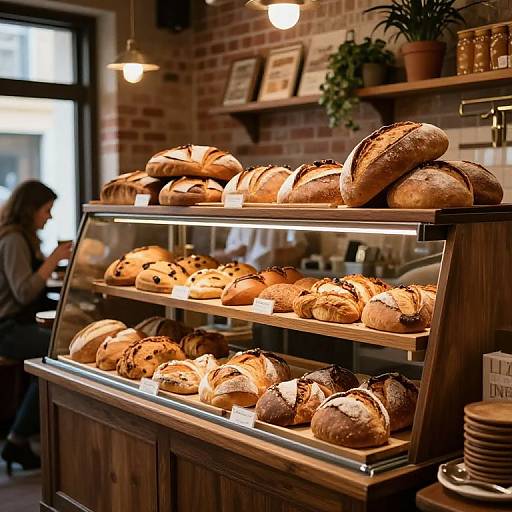 Photograph of a cozy bakery with a wooden display case filled with warm, golden-brown loaves of bread, against a brick wall background, with