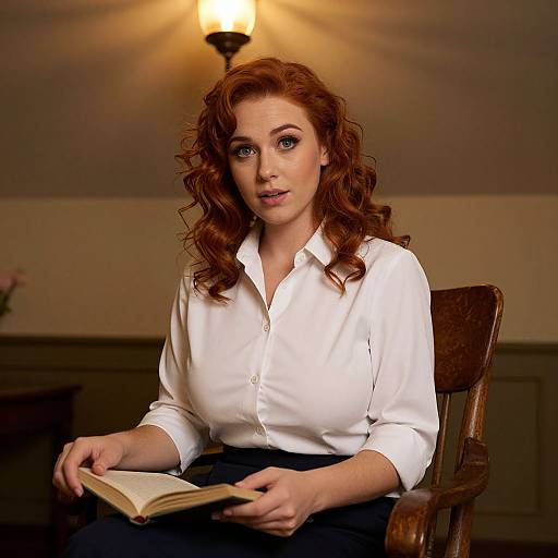 Photograph of a red-haired woman with curly hair, wearing a white button-up shirt and dark pants, sitting in a wooden chair, holding an open