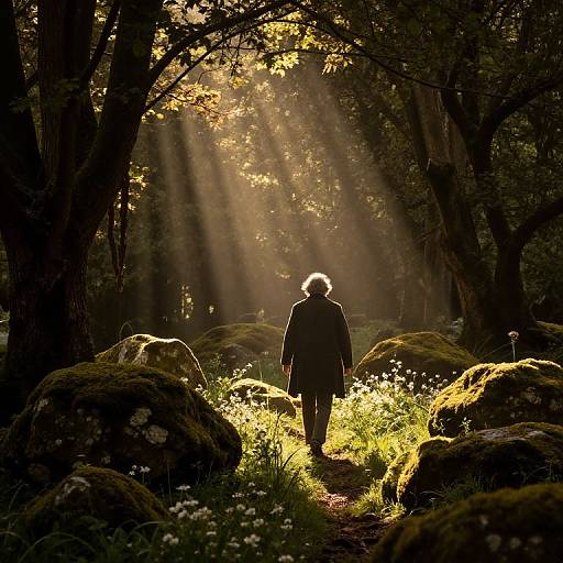 Person Walking Through Sunlit Ancient Forest