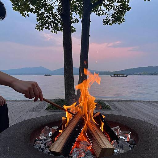Serene Outdoor Scene with Fireplace and Lake